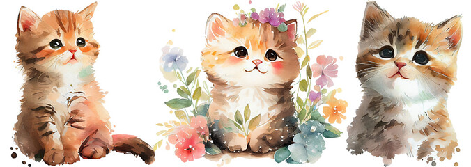 Cute baby cat smiling, watercolor kitten illustration, cat on white background, generative AI