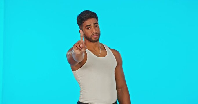 Face, stop hands and man in studio isolated on a blue background for protest, warning or rejection. Portrait, palm and hand of serious male with no gesture to discrimination or inequality.