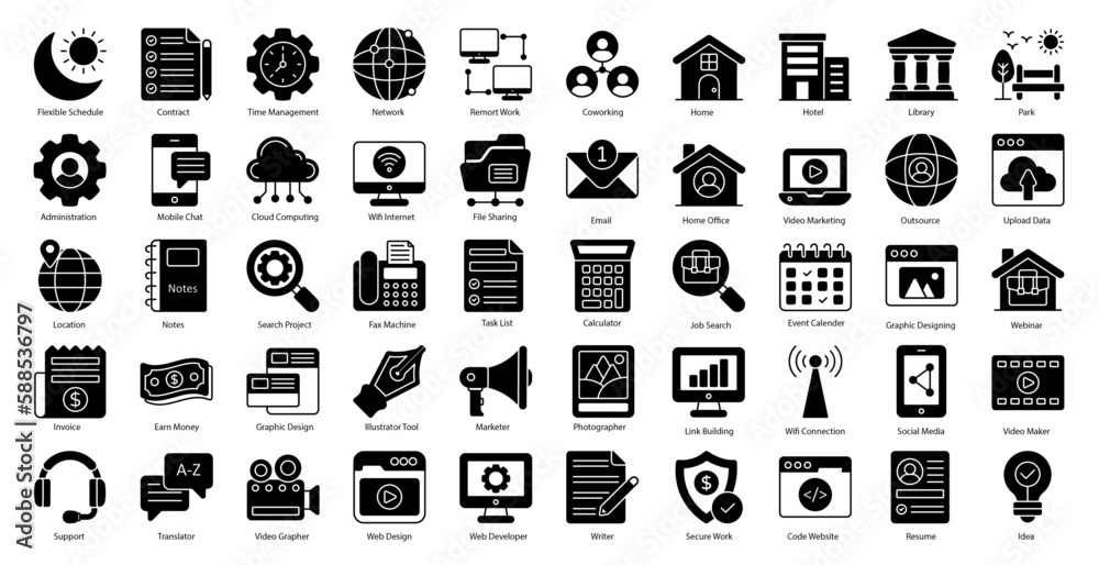 Aufkleber Frelancer Glyph Icons Remote Work Icon Set in Glyph Style 50 Vector Icons in Black