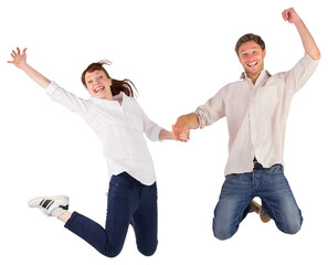 Couple jumping and holding hands