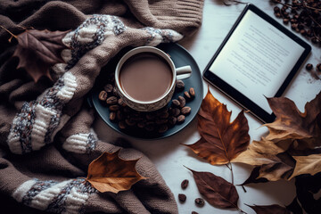 Winter comfortable composition with coffee, scarf, chocolate wafer, lights, e-book, and autumn leaves. Christmas morning. Cozy home. Generative AI