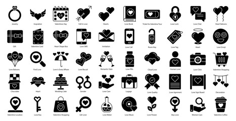 Valentines Day Glyph Icons Romantic Date Icon Set in Glyph Style 50 Vector Icons in Black