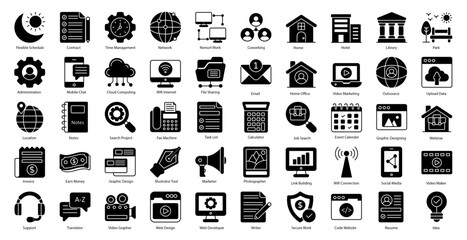 Frelancer Glyph Icons Remote Work Icon Set in Glyph Style 50 Vector Icons in Black