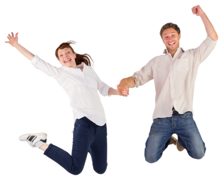 Couple jumping and holding hands