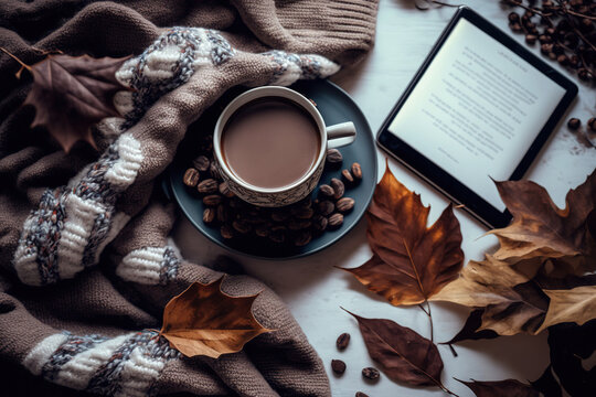Winter comfortable composition with coffee, scarf, chocolate wafer, lights, e-book, and autumn leaves. Christmas morning. Cozy home. Generative AI