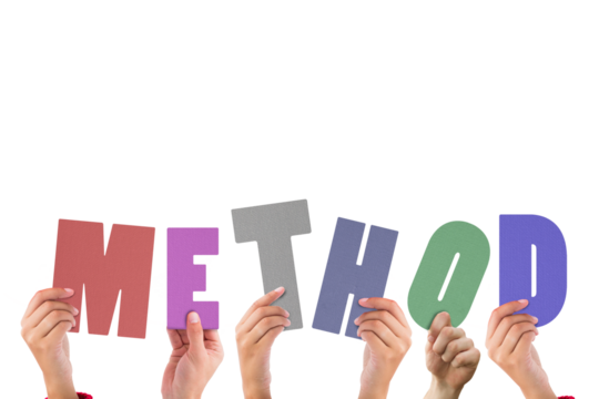 Colorful alphabet spelling method held up by people 