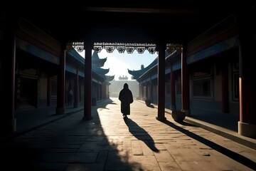 Obraz premium A person walking on a sidewalk Generative AI