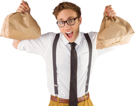 Geeky businessman holding paper bags