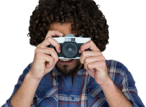 Close up of photographer taking picture with camera