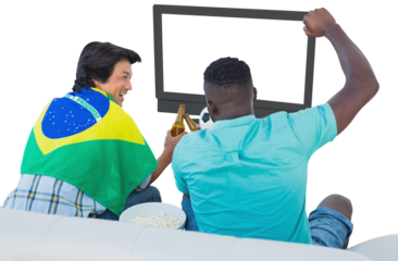 Sports fan holding beer and cheering