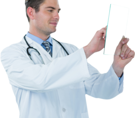 Male doctor using futuristic digital tablet