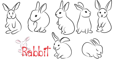 Hand-drawn vector rabbit icons set. Simple cartoon bunny isolated