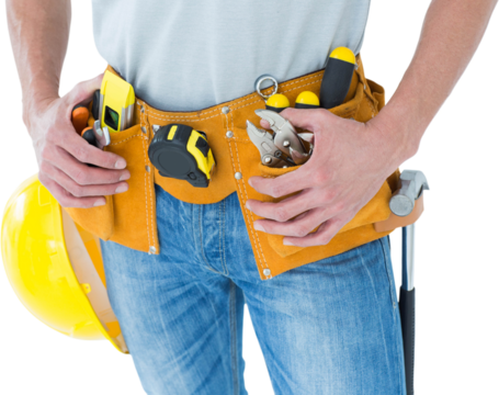 Technician with tool belt around waist