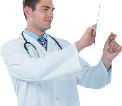 Male doctor using futuristic digital tablet