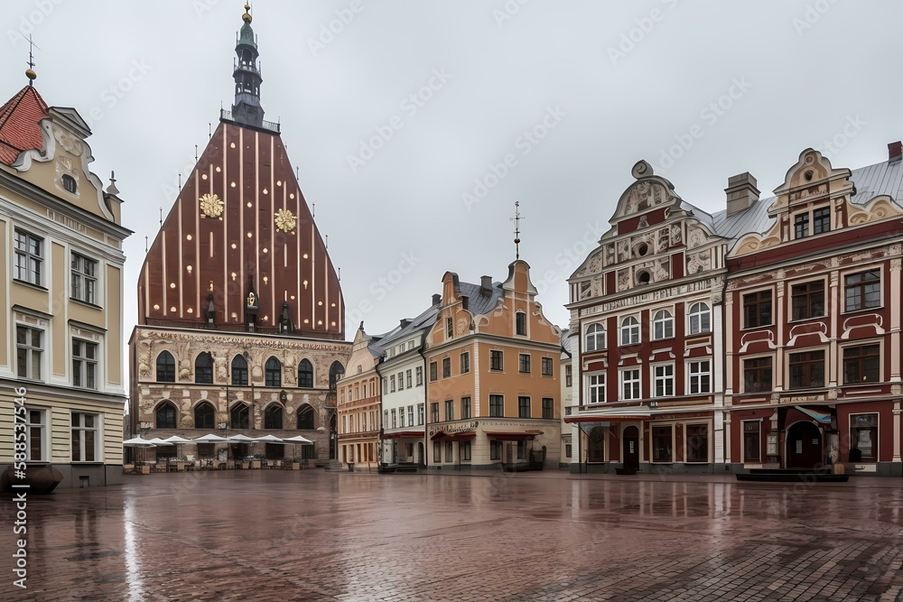 Wall mural a group of buildings with a clock tower generative ai