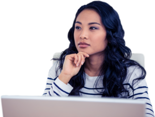 Thoughtful Asian woman with finger on chin