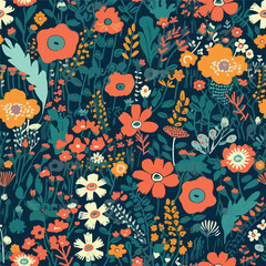 Seamless floral pattern background, bright flowers on a dark blue background for textile, wallpaper, pattern fills, covers, surface, print, gift wrap, scrapbooking, decoupage, digital, social media