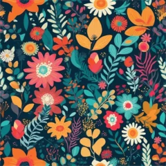 Fotobehang Seamless floral pattern background, bright flowers on a dark blue background for textile, wallpaper, pattern fills, covers, surface, print, gift wrap, scrapbooking, decoupage, digital, social media © Samantha Future