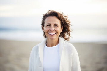 Smiling woman in her 50s on a beach with sea backdrop, showing confidence and serenity. Generative AI