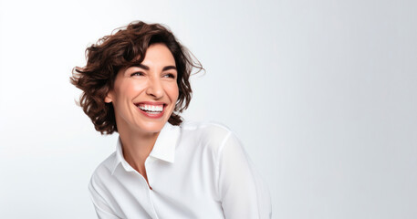 Smiling happy woman in her 40s with chestnut hair on a white background. Generative AI