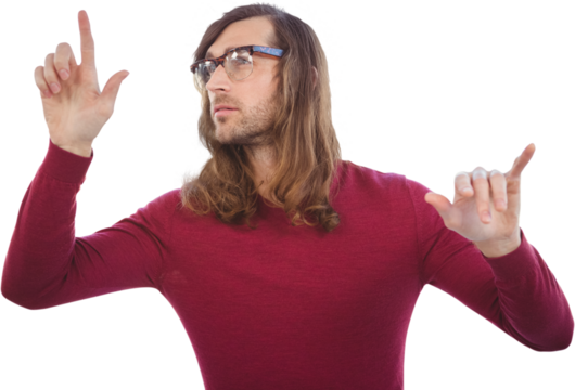 Creative businessman gesturing in office