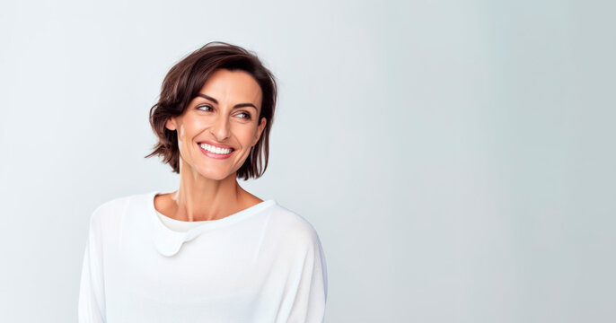 Smiling Happy Woman In Her 40s With Short Brown Hair On A White Background. Generative AI