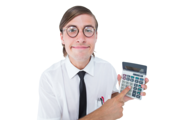 Geeky smiling businessman showing calculator 
