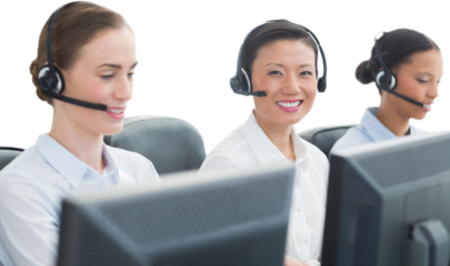 Business people with headsets smiling at camera 