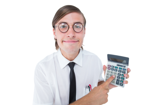 Geeky smiling businessman showing calculator  - Powered by Adobe