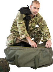Portrait of solider packing his bag
