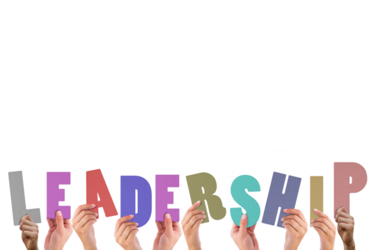 Colorful alphabet spelling leadership held up by people 