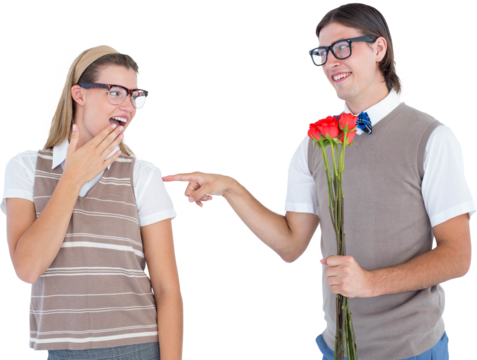 Geeky hipster offering red roses to his girlfriend 