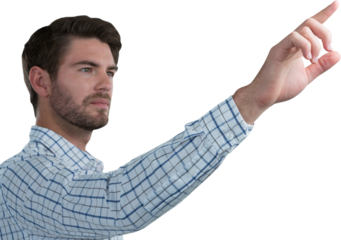 Man pretending to touch an invisible screen