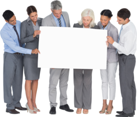 Smiling business people holding white looking at blank billboard
