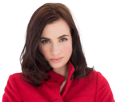 Portrait of a beautiful brunette in red coat - Powered by Adobe