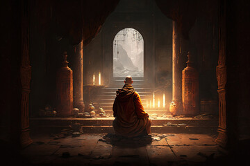 Buddhist monk sits inside old dark temple and worships holy, generative AI - obrazy, fototapety, plakaty