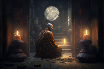 Buddhist monk sits inside old dark temple and meditating, generative AI - obrazy, fototapety, plakaty