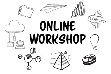 Online Workshop text amidst several vector icons