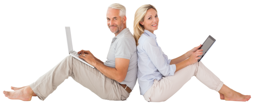 Portrait couple sitting against while using technology