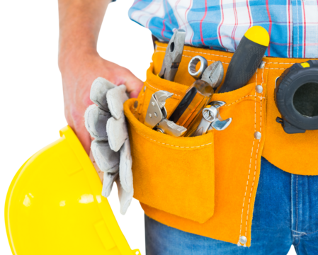 Manual worker wearing tool belt while holding gloves and helmet