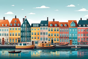 A group of colorful buildings next to a body of water with willemstad in the background Generative AI