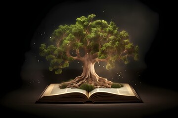 A tree with a book in front of it Generative AI - obrazy, fototapety, plakaty