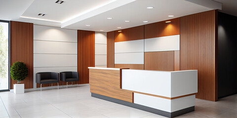 Modern and Sleek Hospital Reception with Minimalist White and Wood Design, Featuring a Stylish Reception Counter. Generative AI