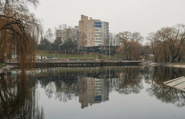 Fototapeta premium Tuchinsky square in Minsk, Zoo of Soviet concrete monsters.