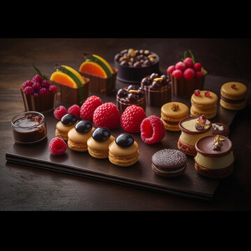 mini-g&acirc;teaux fran&ccedil;ais (mini French cakes),
macarons,
madeleines,
&eacute;clairs,
financiers,
cannel&eacute;s,
tartes (tarts),
mignardises (small pastries),
choux &agrave; la cr&egrave;me (cream puffs),
calissons,
croissants,
pai