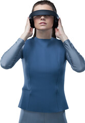 Low angle view of confident woman experiencing virtual reality headset