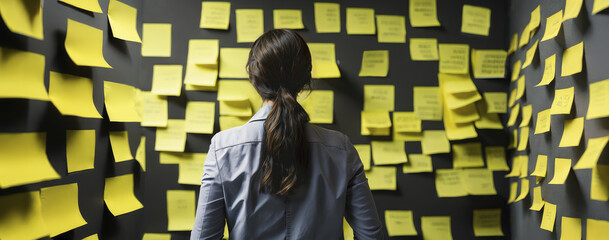 A business woman in a blue office shirt with her brown hair in a ponytail stands in a room full of yellow stickers with ideas. View from behind. Conceptual representation of the problem solving and pl