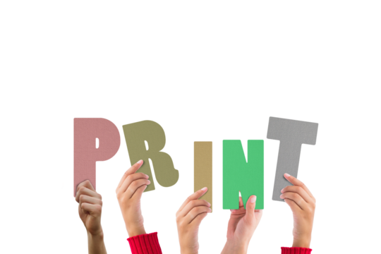 Colorful alphabet spelling  held up by people 