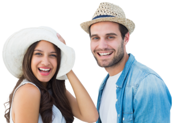 Happy hipster couple smiling at camera