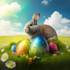 Easter bunny on a green meadow with easter eggs and flowers. Generative AI